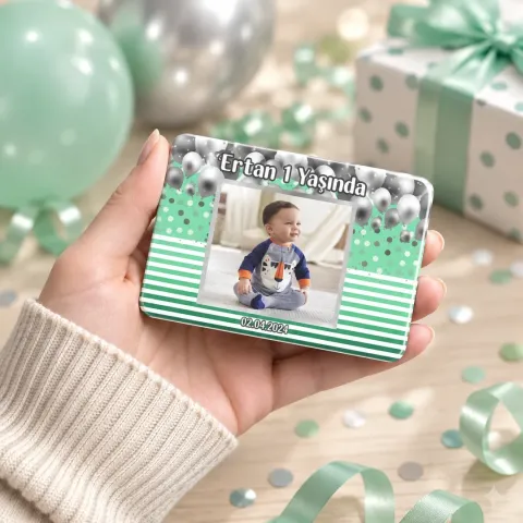 Kişiye Özel Fotoğraflı Mint Çizgili Gümüş Balonlu Doğum Günü Magneti - 10 Adet