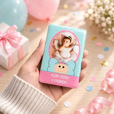 Kişiye Özel Fotoğraflı Mint Pembe Melek Bebekli Doğum Günü Magneti - 10 Adet