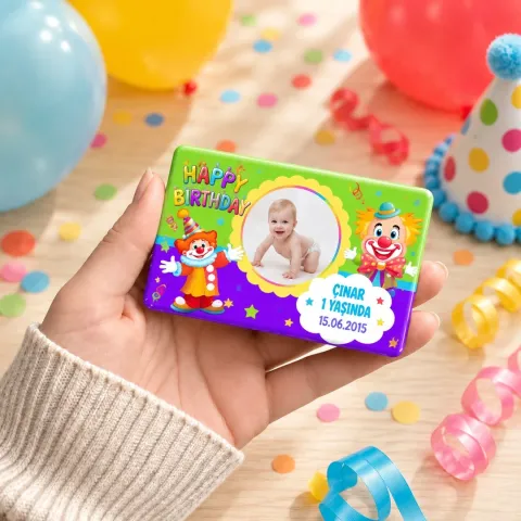 Kişiye Özel Fotoğraflı Palyaçolu Happy Birthday Rengarenk Doğum Günü Magneti - 10 Adet