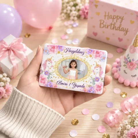 Kişiye Özel Fotoğraflı Pastel Çiçekli Kelebekli Yatay Doğum Günü Magneti - 10 Adet