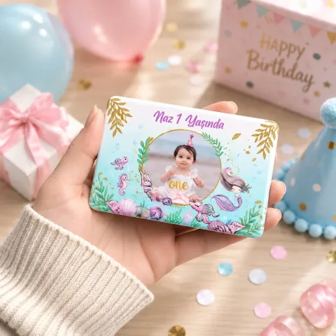 Kişiye Özel Fotoğraflı Pastel Deniz Kızı Yatay Doğum Günü Magneti - 10 Adet