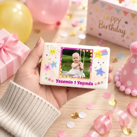 Kişiye Özel Fotoğraflı Pastel Güneşli Yıldızlı Yatay Doğum Günü Magneti - 10 Adet