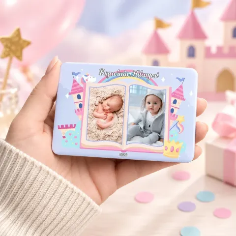 Kişiye Özel Fotoğraflı Pastel Şatolu Çift Çerçeveli Doğum Günü Magneti - 10 Adet