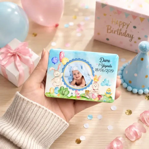 Kişiye Özel Fotoğraflı Pastel Tavşan ve Ayıcıklı Doğum Günü Magneti - 10 Adet
