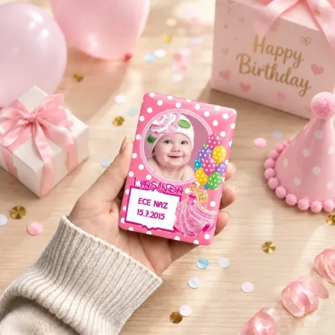 Kişiye Özel Fotoğraflı Pembe Balonlu Puantiyeli Dikey Doğum Günü Magneti - 10 Adet