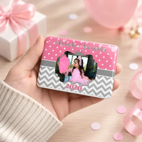 Kişiye Özel Fotoğraflı Pembe Gri Zikzak Puantiyeli Doğum Günü Magneti - 10 Adet