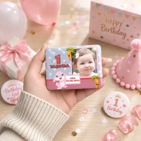 Kişiye Özel Fotoğraflı Pembe Kedi ve Rakamlı Doğum Günü Magneti - 10 Adet
