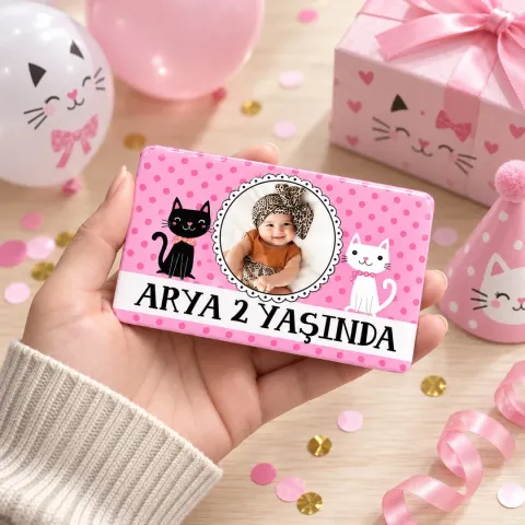 Kişiye Özel Fotoğraflı Pembe Kedili Puantiyeli Doğum Günü Magneti - 10 Adet
