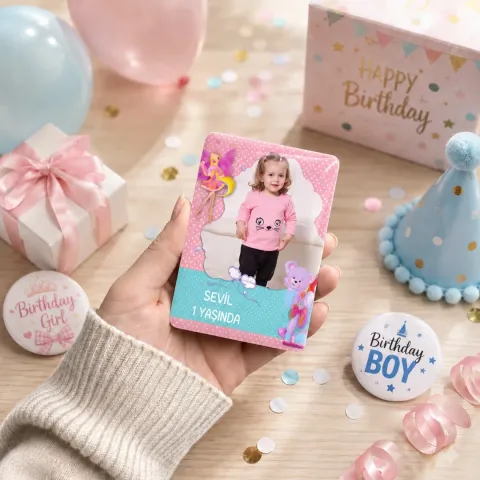 Kişiye Özel Fotoğraflı Pembe Mavi Pastel Dikey Doğum Günü Magneti - 10 Adet