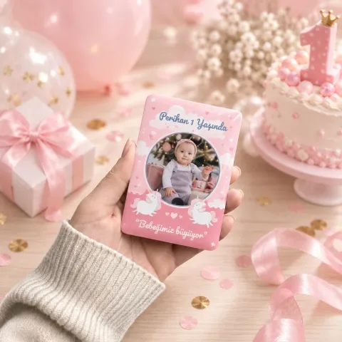 Kişiye Özel Fotoğraflı Pembe Pastel Çerçeveli Doğum Günü Magneti - 10 Adet