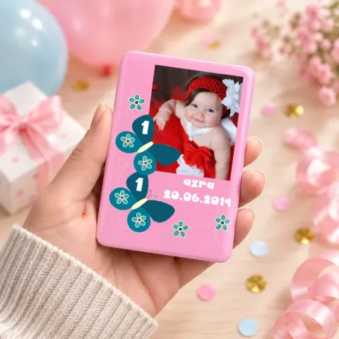 Kişiye Özel Fotoğraflı Pembe Turkuaz Kelebekli Rakamlı Doğum Günü Magneti - 10 Adet