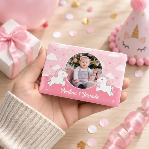 Kişiye Özel Fotoğraflı Pembe Unicornlu Bulutlu Doğum Günü Magneti - 10 Adet