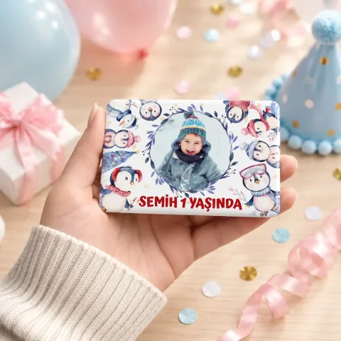 Kişiye Özel Fotoğraflı Penguenli Kış Desenli Doğum Günü Magneti - 10 Adet