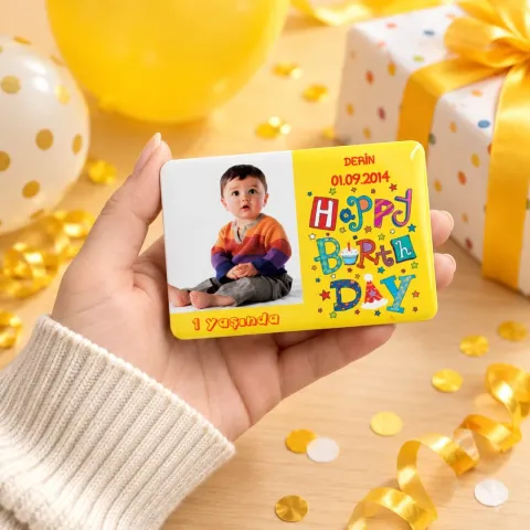 Kişiye Özel Fotoğraflı Sarı Happy Birthday Yazılı Doğum Günü Magneti - 10 Adet