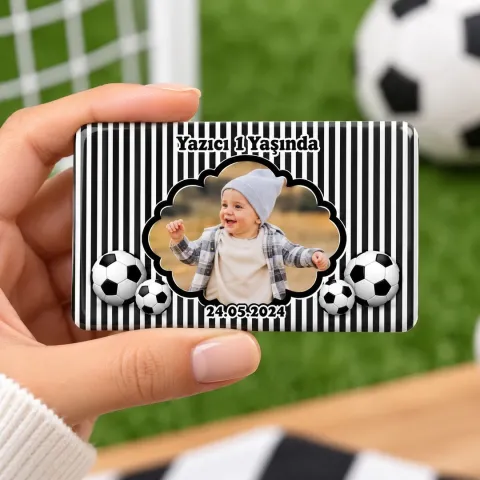 Kişiye Özel Fotoğraflı Siyah Beyaz Çizgili Futbol Topu Doğum Günü Magneti - 10 Adet