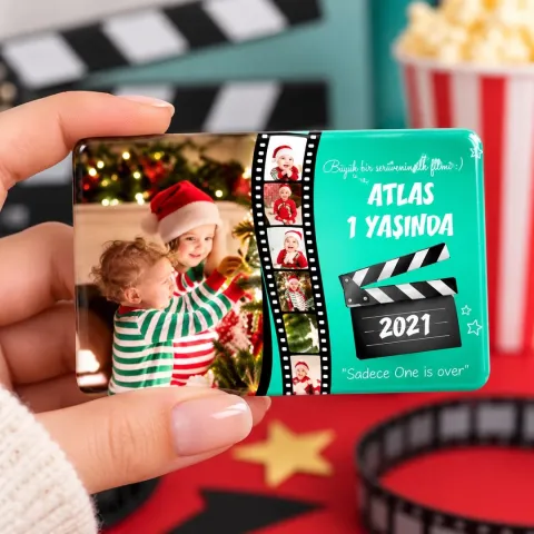 Kişiye Özel Fotoğraflı Turkuaz Film Şeritli Sinema Doğum Günü Magneti - 10 Adet
