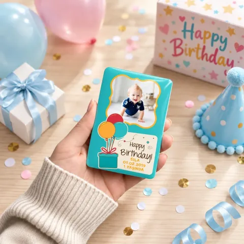 Kişiye Özel Fotoğraflı Turkuaz Happy Birthday Hediyeli Doğum Günü Magneti - 10 Adet