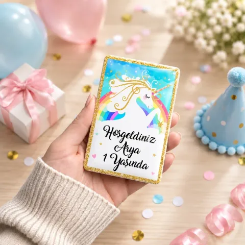 Kişiye Özel Gökkuşaklı Unicorn Hoş Geldin Bebek Magneti - 10 Adet