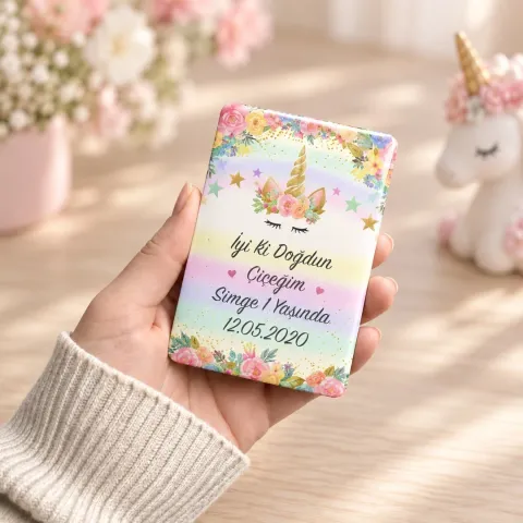 Kişiye Özel Gökkuşaklı Unicorn Yaldızlı Doğum Günü Magneti - 10 Adet