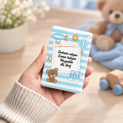 Kişiye Özel Güneşli Mavi Çizgili Ayıcıklı Hoş Geldin Bebek Magneti - 10 Adet