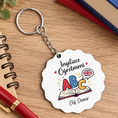 Kişiye Özel İngilizce Öğretmeni Ahşap Anahtarlık – ABC ve Kitap