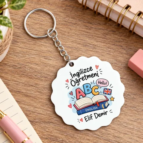 Kişiye Özel İngilizce Öğretmeni Ahşap Anahtarlık – Hello ve ABC
