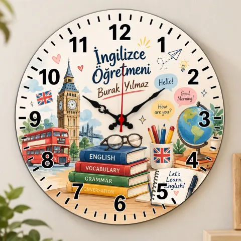 Kişiye Özel İngilizce Öğretmeni Duvar Saati – Big Ben ve Kırmızı Otobüs