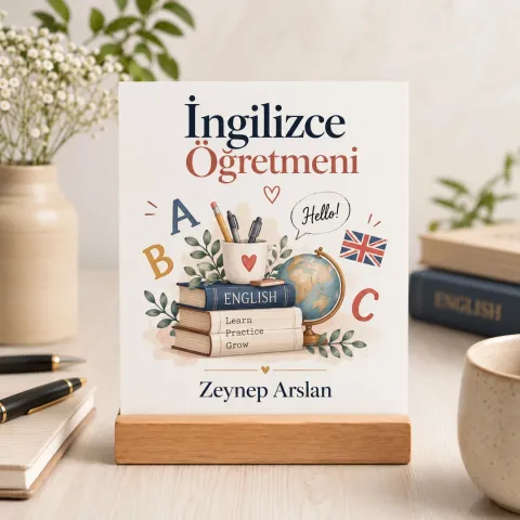 Kişiye Özel İngilizce Öğretmeni Pleksi Masa Üstü Tablo – ABC ve Kitaplar