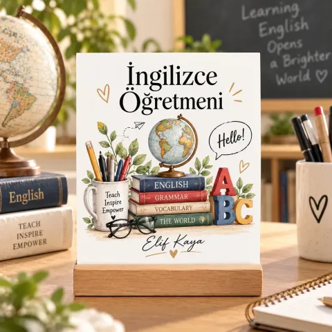 Kişiye Özel İngilizce Öğretmeni Pleksi Masa Üstü Tablo – Dünya Küresi ve Hello
