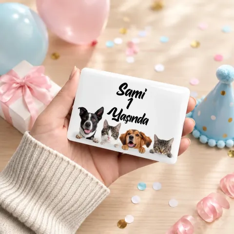 Kişiye Özel Kedili Köpekli Yatay Doğum Günü Magneti - 10 Adet