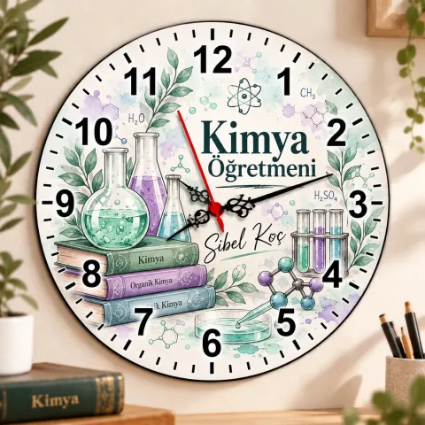 Kişiye Özel Kimya Öğretmeni Duvar Saati – Deney Tüpleri