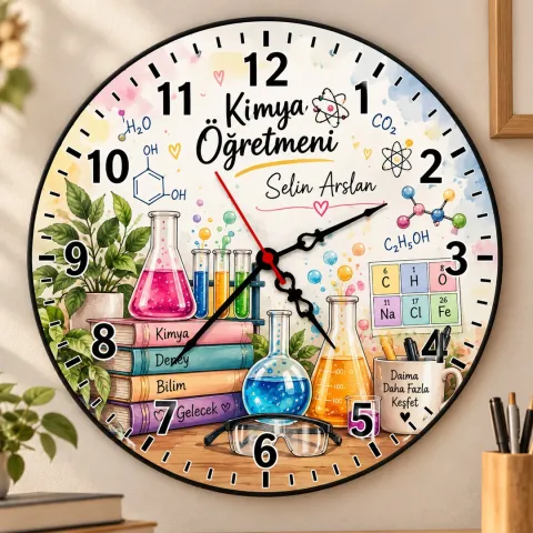 Kişiye Özel Kimya Öğretmeni Duvar Saati – Renkli Erlenmeyer