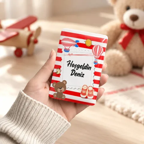 Kişiye Özel Kırmızı Çizgili Ayıcıklı Dikey Hoş Geldin Bebek Magneti - 10 Adet