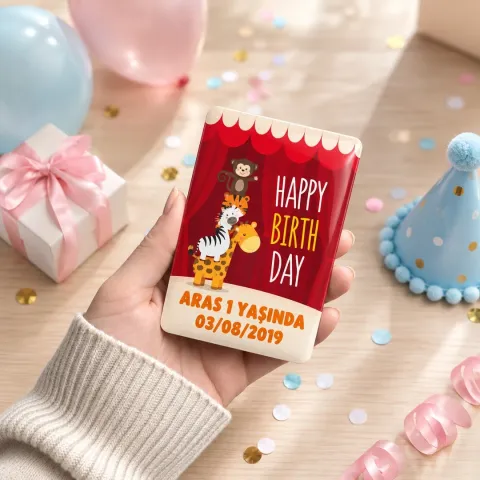 Kişiye Özel Kırmızı Happy Birthday Hayvanlı Doğum Günü Magneti - 10 Adet