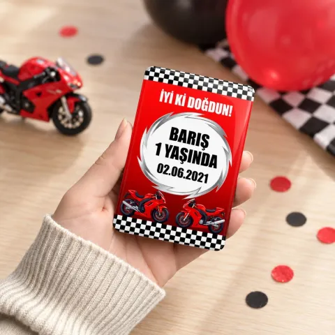 Kişiye Özel Kırmızı Motosiklet Yarış Temalı Doğum Günü Magneti - 10 Adet