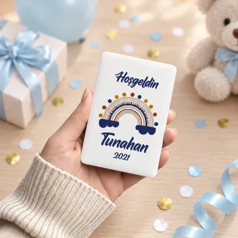 Kişiye Özel Lacivert Gökkuşaklı Dikey Hoş Geldin Bebek Magneti - 10 Adet