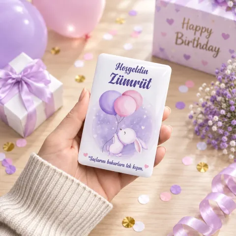 Kişiye Özel Lila Balonlu Tavşanlı Hoş Geldin Bebek Magneti - 10 Adet