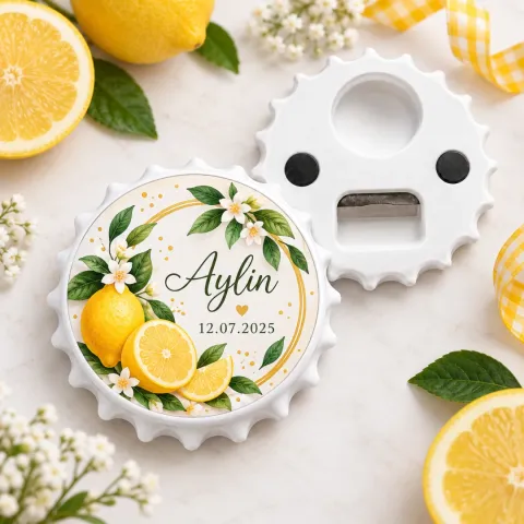 Kişiye Özel Limon Bahçesi Altın Çember Yuvarlak Açacak Magnet
