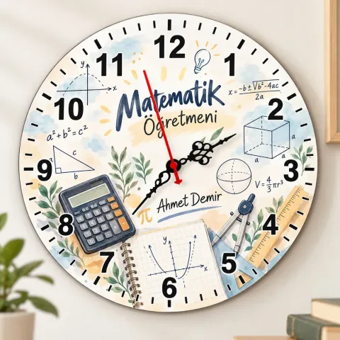 Kişiye Özel Matematik Öğretmeni Duvar Saati – Hesap Makinesi ve Defter