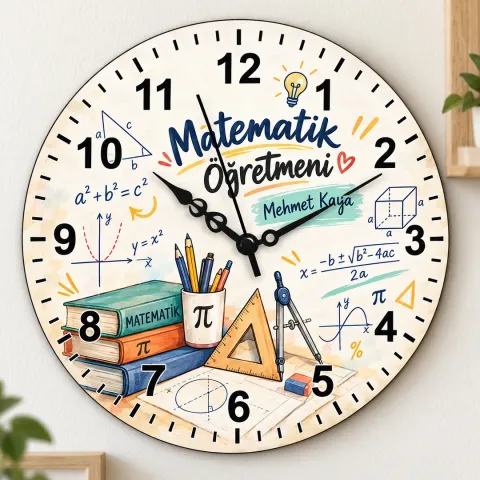 Kişiye Özel Matematik Öğretmeni Duvar Saati – Pi ve Pergel