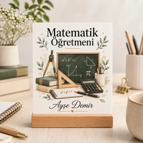 Kişiye Özel Matematik Öğretmeni Pleksi Masa Üstü Tablo – Yazı Tahtası ve Pergel