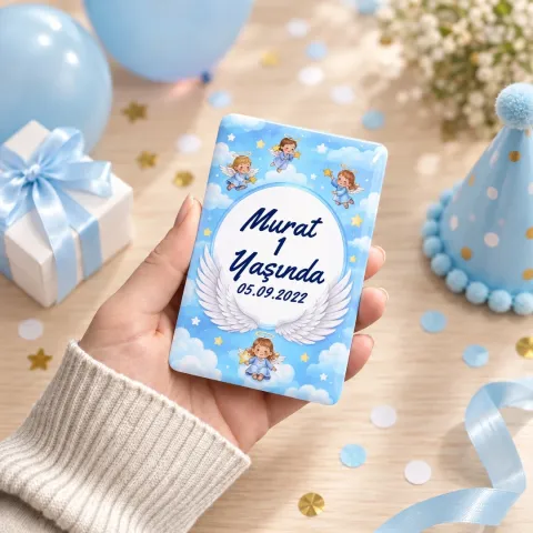 Kişiye Özel Mavi Melek Bebekli Dikey Doğum Günü Magneti - 10 Adet
