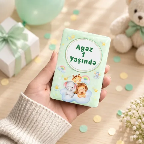 Kişiye Özel Mint Yeşili Bulutlu Safari Hayvanlı Doğum Günü Magneti - 10 Adet
