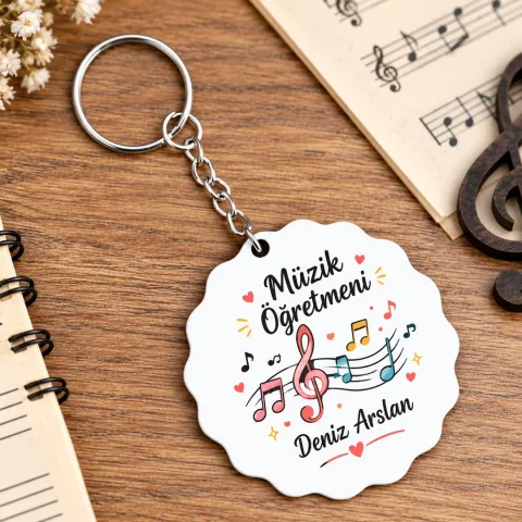 Kişiye Özel Müzik Öğretmeni Ahşap Anahtarlık – Nota ve Sol Anahtarı