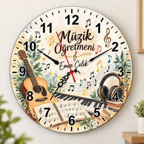 Kişiye Özel Müzik Öğretmeni Duvar Saati – Gitar ve Kulaklık