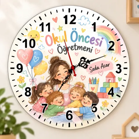 Kişiye Özel Okul Öncesi Öğretmeni Duvar Saati – Balon ve Çocuklar