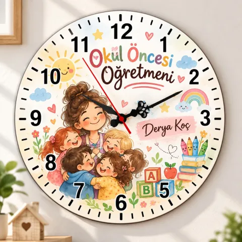 Kişiye Özel Okul Öncesi Öğretmeni Duvar Saati – Sarılan Çocuklar