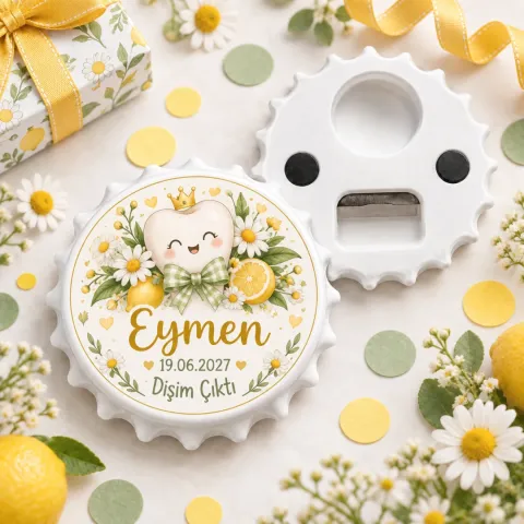 Kişiye Özel Papatya Diş Çıktı Yuvarlak Açacak Magnet - Sarı