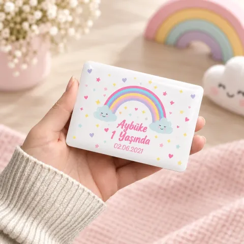 Kişiye Özel Pastel Gökkuşaklı Bulutlu Doğum Günü Magneti - 10 Adet