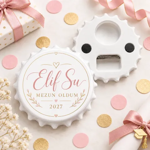 Kişiye Özel Pastel Pembe Rose Mezuniyet Yuvarlak Açacak Magnet